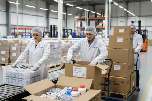 Proceso de carga de insumos en una fábrica de medicamentos mexicana para su distribución segura.