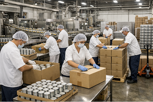Operadores empacando productos enlatados en fábrica de alimentos para su distribución segura en camiones medianos.