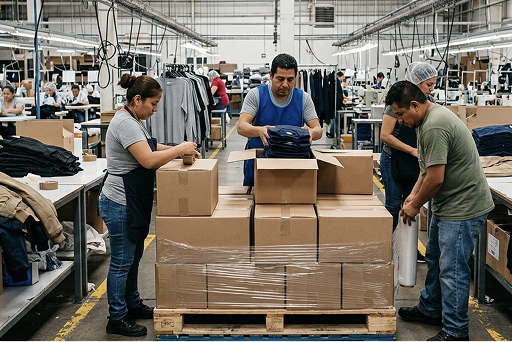 Proceso de empaque textil en fábrica mexicana de ropa para distribución logística en rutas lecheras.